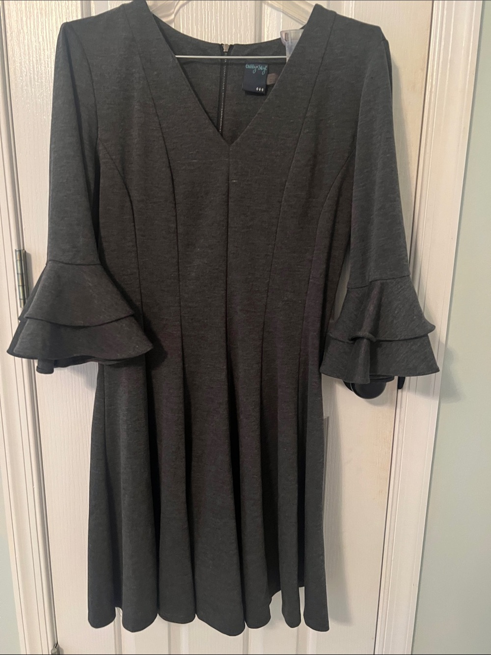 Gabby Skye Dark Gray V-Neck Dress with Tiered Ruffle Sleeves